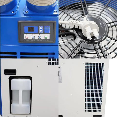 Heavy Duty Portable Air Conditioner With Large Water Tank, Bad Boy Commercial Spot Cooler controls, fan grill, and water tank access.