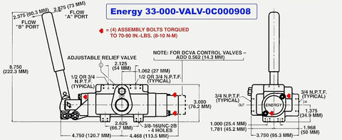Technical diagram of 3 Position 4 Way Heavy Duty Pro Grade Hydraulic Directional Control Valve C908 0C000908 with measurements.
