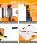 Adjustable Universal Drill Press Stand With Heavy Duty Aluminum Base For Precision Woodworking, showcasing depth scale and ergonomic handle.