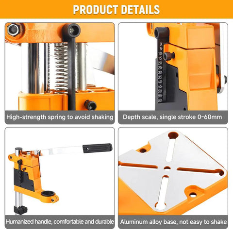 Adjustable Universal Drill Press Stand With Heavy Duty Aluminum Base For Precision Woodworking, showcasing depth scale and ergonomic handle.