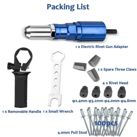 Beast Pro Grade Cordless Electric Rivet Gun Adapter Kit With 3 Claw Head And 4 Rivet Heads, handle, wrench, and 100 rivets