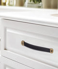 Two Pack Black Leather Drawer Handles With Mounting Screws For Cabinets, Drawers, Trunks And Suitcases installed on white drawer