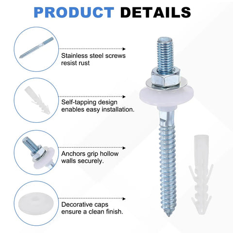 Built Tough Basin Mounting Kit With Screws Bolts Nuts And Washers For Wall Mounted Sink Install DIY Friendly Self-Tapping Bathroom Hardware Set Heavy Duty Wall Mounting Kit With Expansion Screws And Caps stainless steel screw with wall anchor and cap