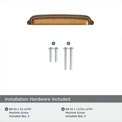Antique Brass Cup Pulls 3 Inch Center To Center with mounting screws, heavy duty zinc alloy construction for cabinets.