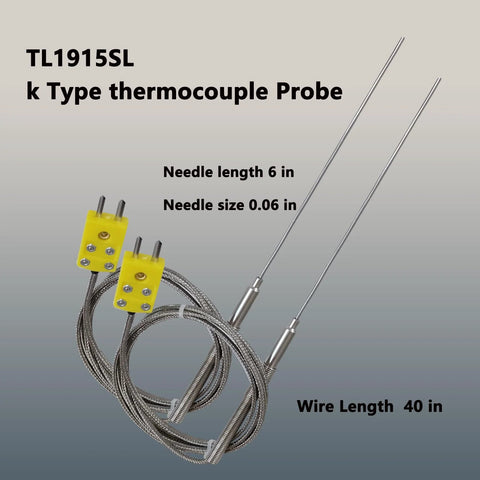 Two TL1915SL K-type thermocouple probes with yellow terminal blocks, braided cables, 6-inch needles, 40-inch wires.