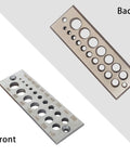 Premium A2 Steel Wood Dowel Plate Maker Made Of High Speed Steel, front and back view, 17 hole jig for hardwood alignment.