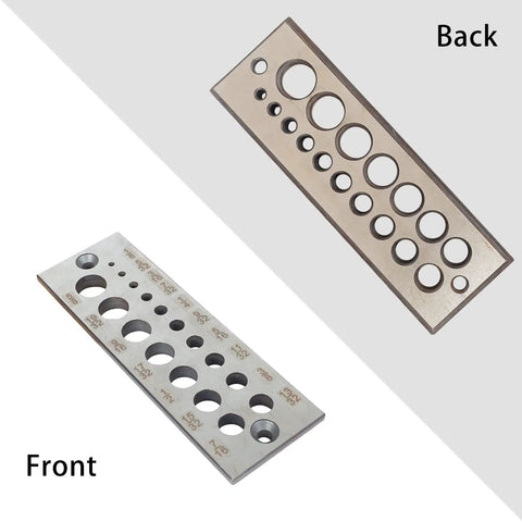 Premium A2 Steel Wood Dowel Plate Maker Made Of High Speed Steel, front and back view, 17 hole jig for hardwood alignment.