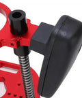 Level Up Your Woodworking Setup With This Heavy Duty Aluminum Router Lift Base offering micrometer control, featuring red anodized aluminum and clamp.