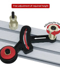 One Way Feeder Stock Guide With Anti Rebound Safety Push Block For Table Saws Featuring Adjustable Miter Sliders. Close-up of adjustment knobs.