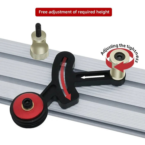 One Way Feeder Stock Guide With Anti Rebound Safety Push Block For Table Saws Featuring Adjustable Miter Sliders. Close-up of adjustment knobs.