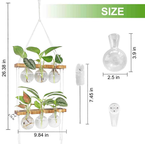 Wall Hanging Plant Propagation Station With 6 Glass Bulb Vases Two Tier Wooden Terrarium Stand dimensions and features