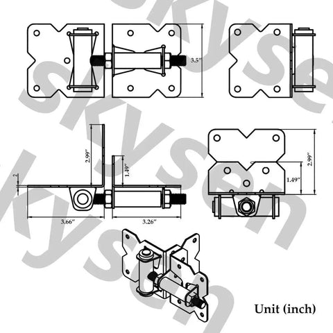 Technical diagram of Carbon Steel Self Closing Vinyl Fence Gate Hinge And Latch Hardware Kit dimensions, includes hinges and latch.