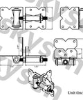 Technical diagram of Stainless Steel Self Closing Gate Hardware Kit For Vinyl And Wood Fences with dimensions in inches.