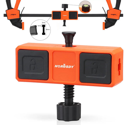 Snap Your Boards Square Fast With This Solid Bar Clamp Leveling Block sporting a bubble level and sturdy black screw, ideal for woodwork.