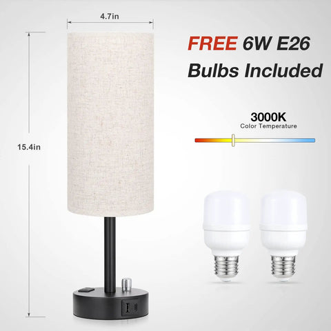 Set Of 2 Fully Dimmable Bedside Lamps With USB C Charging Port And Built In USB Ports And Outlets shown with beige shade and included bulbs