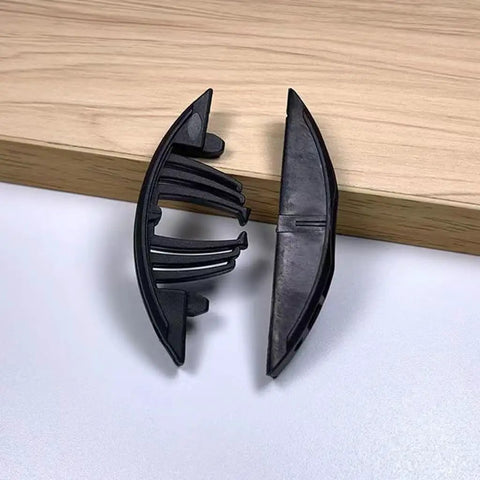 50 Pairs Woodworking Invisible Connectors 45 Degree Plywood Joint Fasteners showing black nylon clips on a wood surface.
