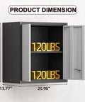 Heavy Duty Wall Mounted Steel Garage Cabinet With Locking Doors And Adjustable Shelves Built To Last Storage For Your Workshop Or Shed Utility Room Black And Gray Finish, open cabinet with dimensions and weight capacity displayed