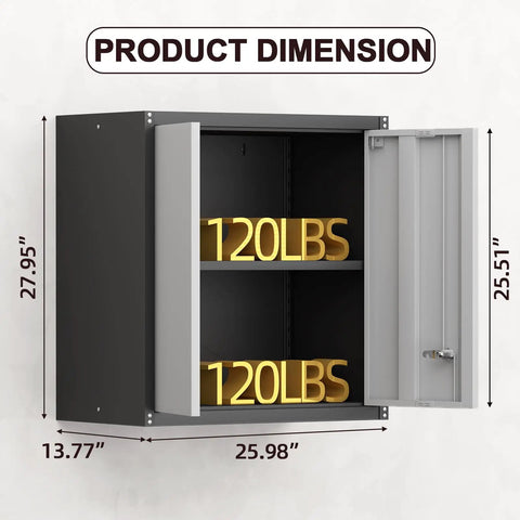 Heavy Duty Wall Mounted Steel Garage Cabinet With Locking Doors And Adjustable Shelves Built To Last Storage For Your Workshop Or Shed Utility Room Black And Gray Finish, open cabinet with dimensions and weight capacity displayed