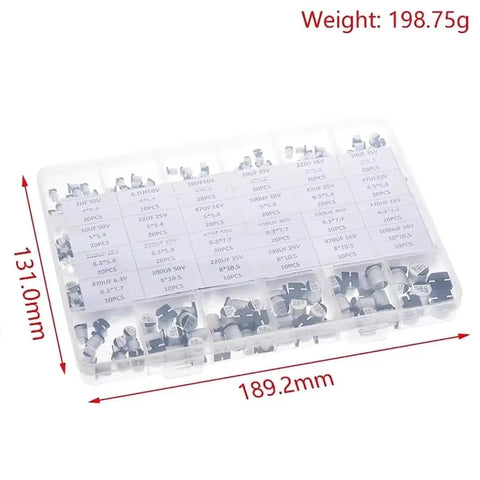 400 Piece SMD Aluminum Electrolytic Capacitor Kit With 24 Value Assortment From 1uF To 1000uF 50V Rating With Storage Case in box