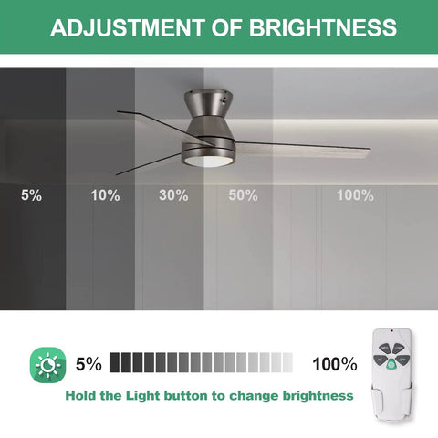Dope Flush Mount Ceiling Fan With Remote Control, 52 Inch, Antique Nickel, brightness adjustment with dimmable LED light