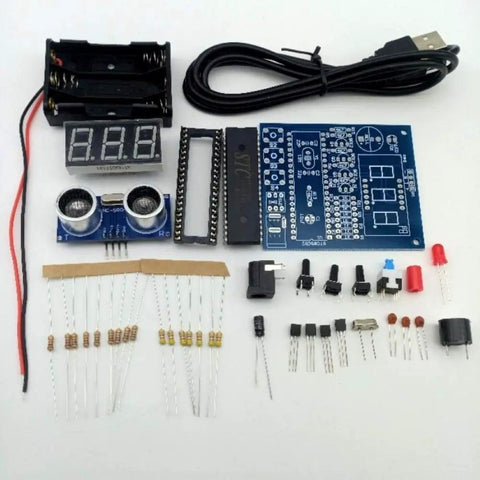 Hands-On Soldering Practice Kit With HC-SR04 Ultrasonic Sensor Module, Ranging Alarm, Buzzer, And STC89C25 Microcontroller components