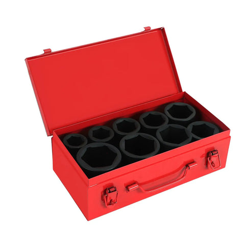 1 Inch Drive Deep Impact Socket Set With 9 Piece CrMo 6 Point Sockets From 1 Inch To 2 Inch SAE, in red heavy duty case.