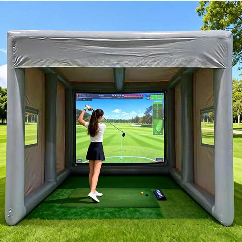 Woman golfing in Inflatable Golf Practice Cage 5m L By 4m W By 3.3m H For Indoor Outdoor Training With HD Projection Screen