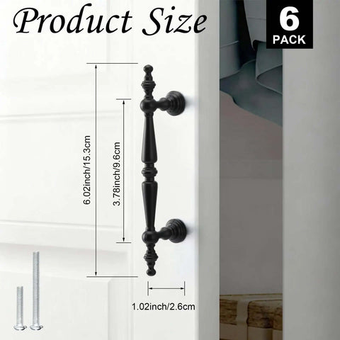 6 Pack Matte Black Vintage Cabinet Pulls measuring 6 inches long with 3.75 inch hole spacing on a white cabinet door.