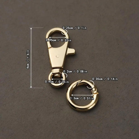 Top Tier Heavy Duty Double Opening Snap Hooks With Smooth Swivel Lobster Clasp Keychain Clip Gold Hardware and dimensions.
