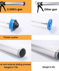 Comparison of Pro Grade Sausage Caulking Gun and other gun showing thicker pusher, aluminum tube, and weight details