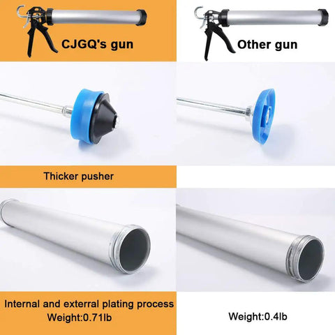 Comparison of Pro Grade Sausage Caulking Gun and other gun showing thicker pusher, aluminum tube, and weight details