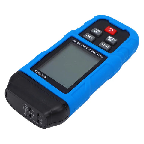 Straight Up Solid Dual Channel Thermometer With High Temp Digital Thermocouple 5999 Data Log Storage Usb Rechargeable Runs All Day Built Tough For Industrial K And J Type Probes handheld blue digital thermometer with key buttons and LCD display