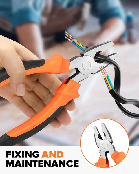 Comprehensive 19 Piece Household DIY Tool Set With Storage Case For Home Office And Dorm All In One Basic Hand Tools Kit For Everyday Repairs And Maintenance Durable High Quality Tools To Save You Time And Money showing orange-handled pliers in use