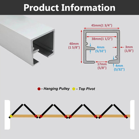Folding Sliding Barn Door Hardware Kit With Heavy Duty Aluminum Track And Smooth Glide Rollers Adjustable From 3 Ft To 13 Ft for detailed product dimensions and components.