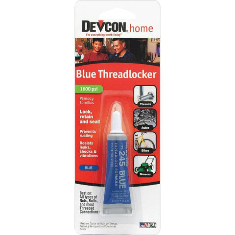Blue Thread Locker For Metal Threads 6 ml Anaerobic Locking Adhesive Cures Between Engaged Threads To Lock Down A Tight Secure Joint While Keeping Nuts And Bolts From Loosening Yet Easy To Remove When Needed product packaging.