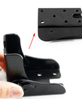 Skip The Hassle With These Heavy Duty Folding Table Leg Brackets In Black, shows side and top views of a metal bracket with mounting holes.