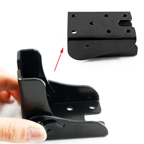 Skip The Hassle With These Heavy Duty Folding Table Leg Brackets In Black, shows side and top views of a metal bracket with mounting holes.