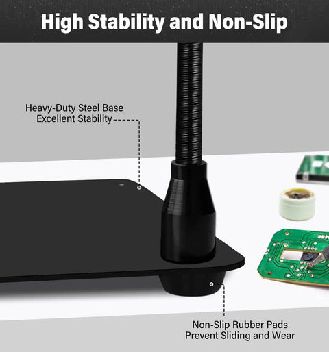 Close-up of Helping Hands Soldering Station With Four Flexible Arms and Clamps, showing heavy-duty steel base and PCB.
