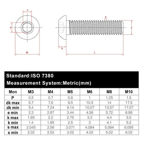 Hella Smooth M6 Button Head Socket Cap Screws 304 Stainless Steel 18 8 dimensions and specifications chart for 10mm length.