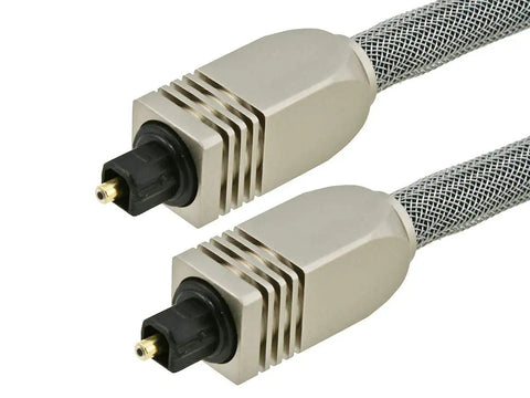Heavy Duty Toslink Optical Audio Cable Six Feet Long Silver Finish with metal mesh shield and gold plated ends.