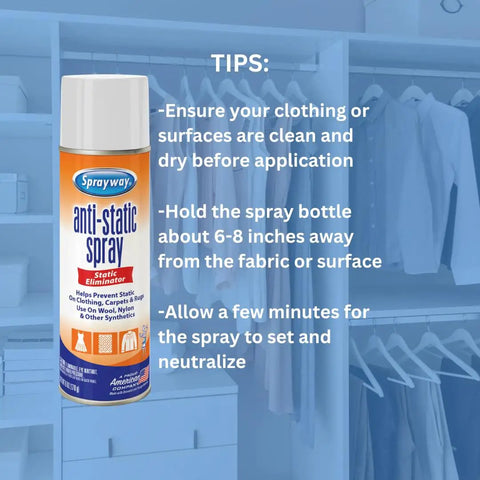 Residue Free Anti Static Spray To Cut Static Cling And Eliminate Static Shock On Clothes Carpets Rugs Furniture Drapes And Electronics With Safe Easy Mist For Everyday Home Use 6 Oz bottle with usage tips and closet backdrop