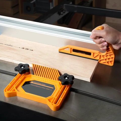 Tandem Featherboard And L Push Stick Safety Kit being used on a table saw with wood. Includes T-slot bolts for secure positioning.