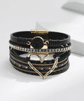 Killer Boho Western Leather Wrap Bracelet For Women With Layered Cuff Strands Heart Stone Charm stylish party date night jewelry, black leather, cuff style