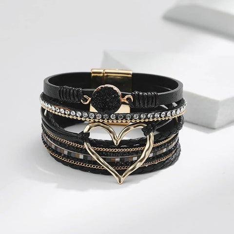 Killer Boho Western Leather Wrap Bracelet For Women With Layered Cuff Strands Heart Stone Charm stylish party date night jewelry, black leather, cuff style