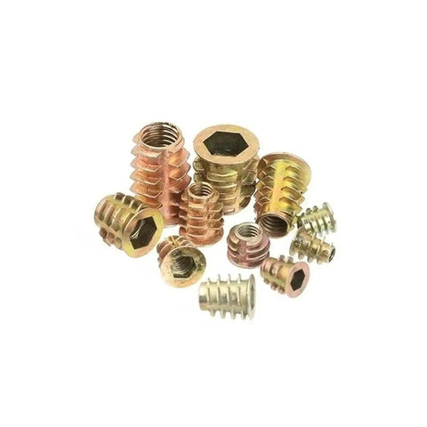 Pro Grade Zinc Alloy Screw In Insert Nuts Assortment M4 M6 M8 M10 assorted sizes shown, ideal for woodwork and repairs.