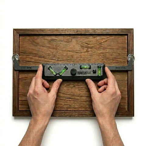 Hands using Never Measure Picture Hanging Kit 2 Size Bundle for easy picture frames and collages, precise alignment tool.