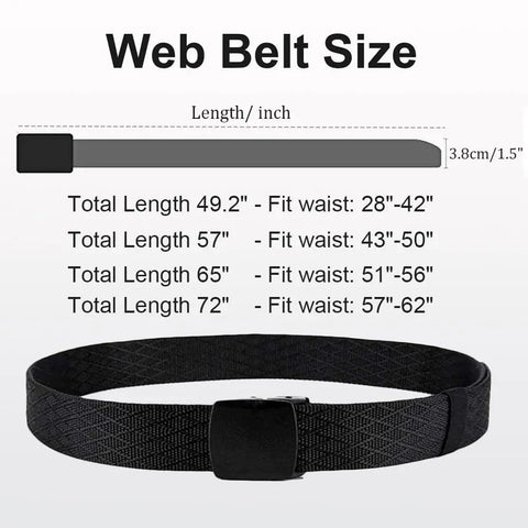 Mens Military Tactical Web Belt No Metal Buckle Nylon Webbing Black Adjustable From 28 To 42 Inches Hole Free Design Airport Friendly Hypoallergenic Comfortable Everyday Belt For Work Outdoor And Casual