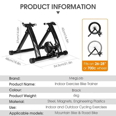 Indoor Bike Trainer With Magnetic Resistance Foldable Turbo Stand for 24-28 Inch and 700C Bikes, Black Steel Frame