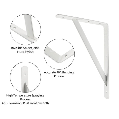 Heavy Duty 12-Inch By 8-Inch Shelf Brackets With 600 Lb Capacity 10 Pack White Metal L Supports, close-up of features and finish