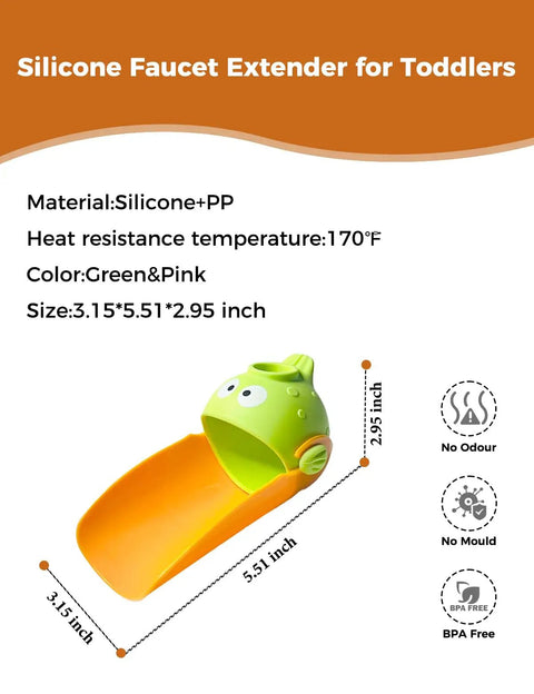 Handy Dandy Silicone Faucet Extender For Toddlers Smooth Sink Reach Helper in green and pink, dimensions 3.15x5.51x2.95 inches.